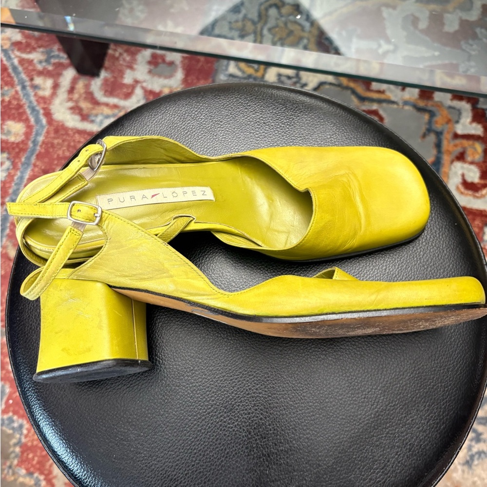 Pura Lopez Lime Yellow Leather Slingback Mules - Picture 3 of 16